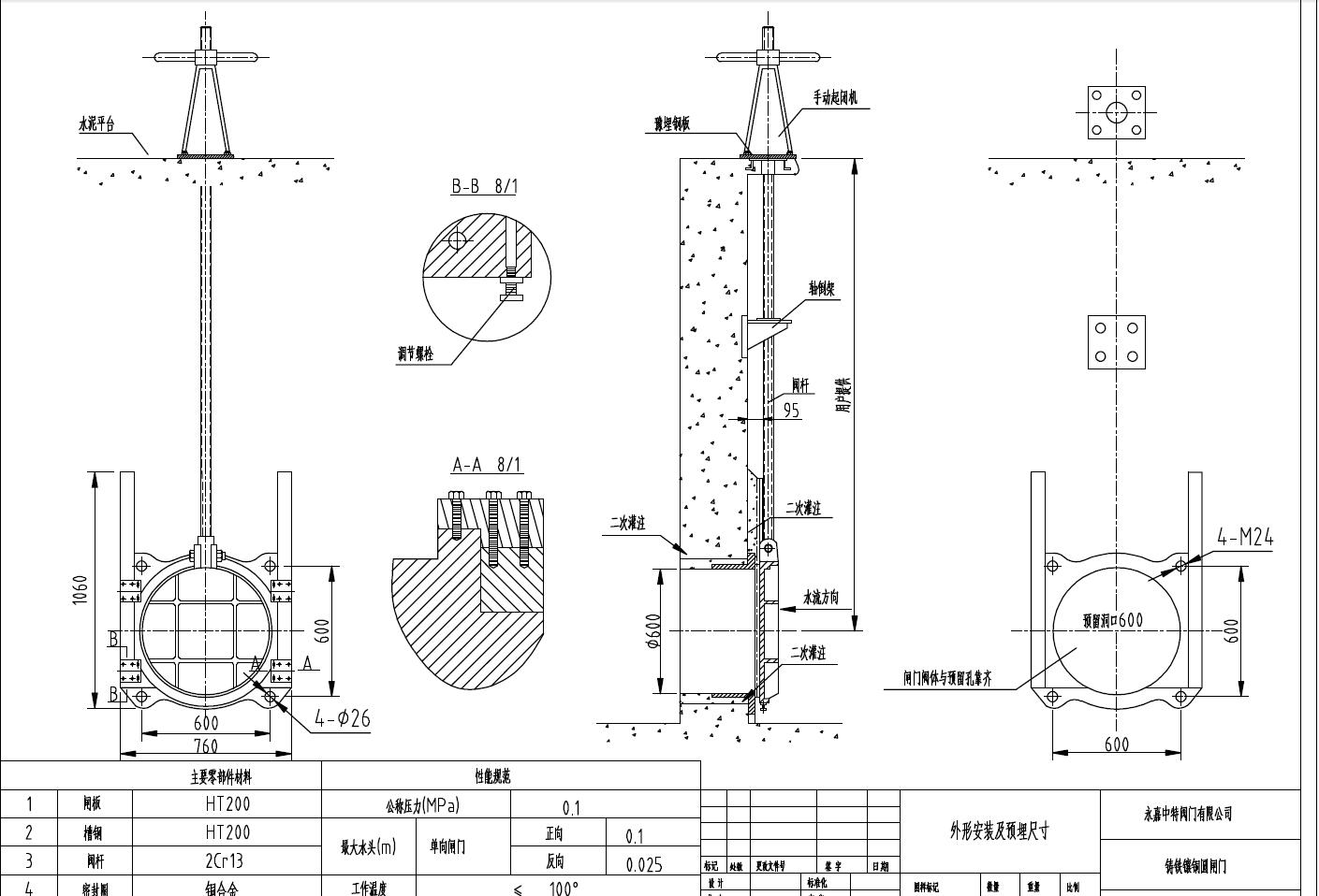 铸铁镶铜圆闸门安装示意图
